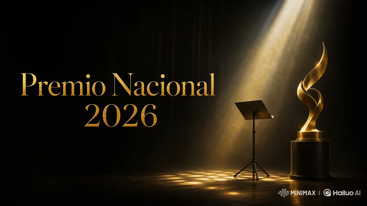 Atril vacío y trofeo dorado bajo un haz de luz en un escenario oscuro